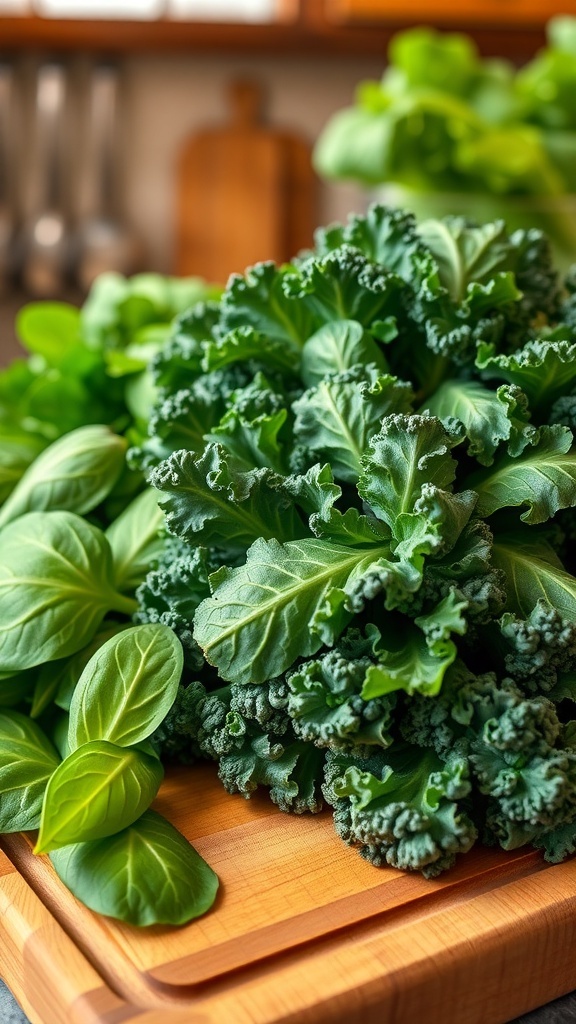 Fresh kale and spinach leaves on a wooden cutting board in a rustic kitchen.
